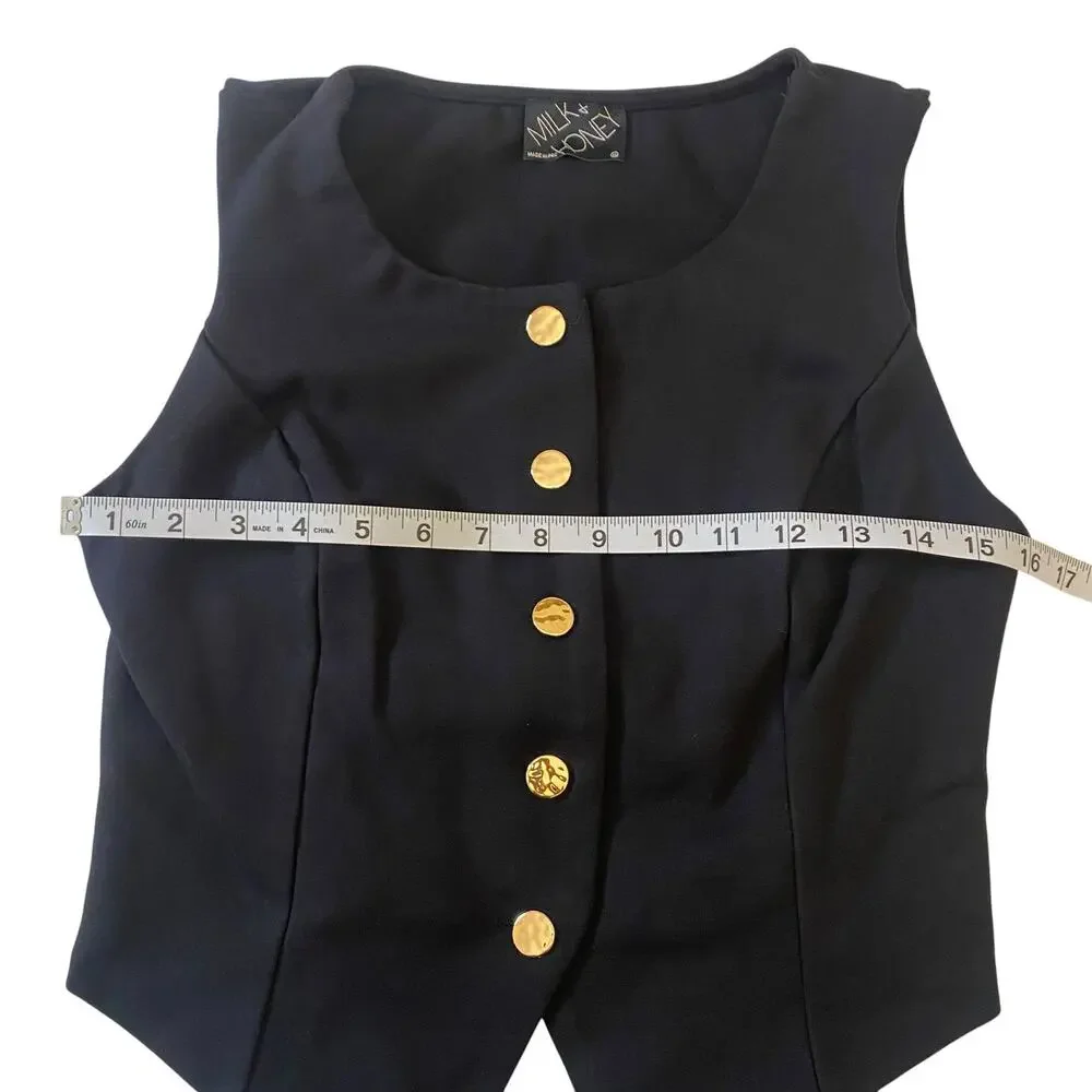 Women's Classic Size Medium Black Sleeveless Button-Front Vest with Gold Buttons